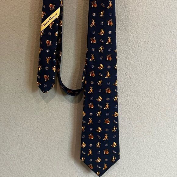 Ferragamo | navy and gold print neck tie silk necktie Greek gods - Picture 2 of 8